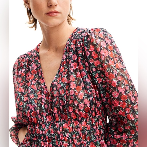 Desigual Hamburgo Floral Chiffon Top | Smocked Waist | M - Picture 3 of 14